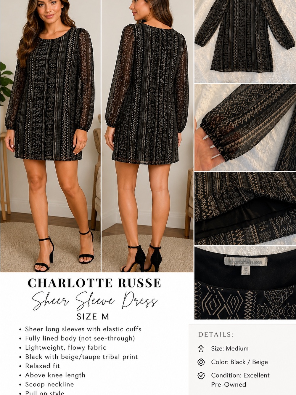 Charlotte Russe Black and Beige Tribal Sheer Sleeve Shift Dress size M